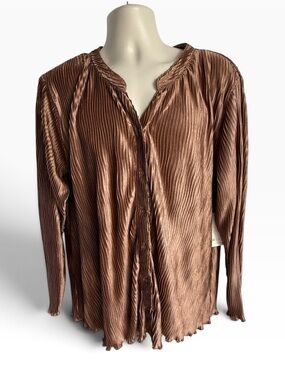 Womens 2X Metallic Bronze Pleated Button-Front Blouse NWT